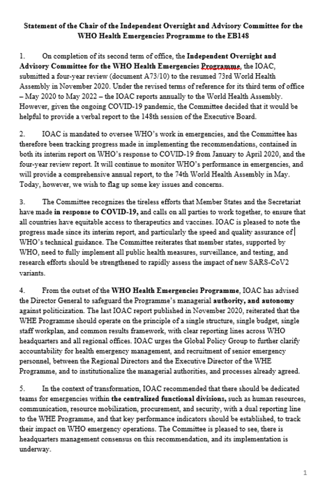 IOAC statement to the 148th session of the Executive Board, 18-26 January 2021